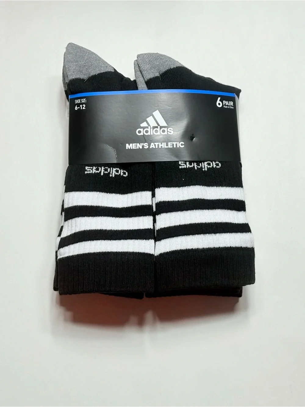adidas Men's Black and White 3-stripe roller Athletic Crew Socks - 6 Pack